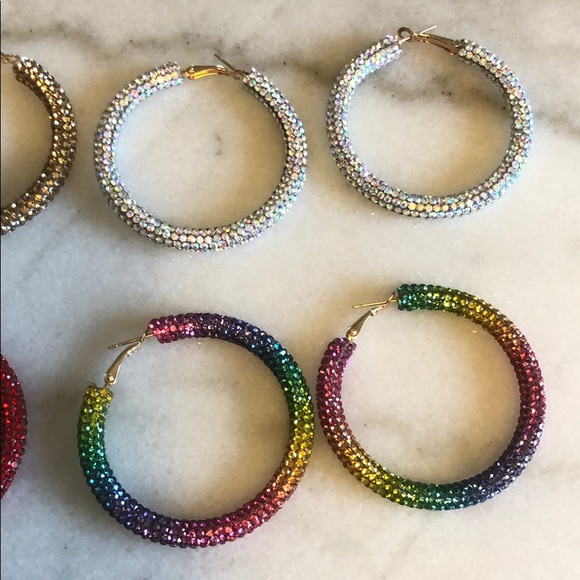 RAINBOW, SILVER, RED,GOLD RHINESTONE HOOP EARRINGS - Picture 5 of 9